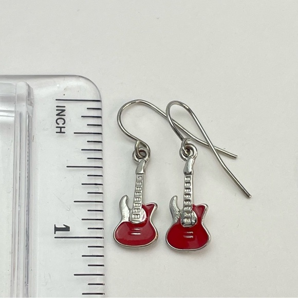 Red and Silver Tone Enamel Guitar Dangle Earrings - Picture 5 of 6